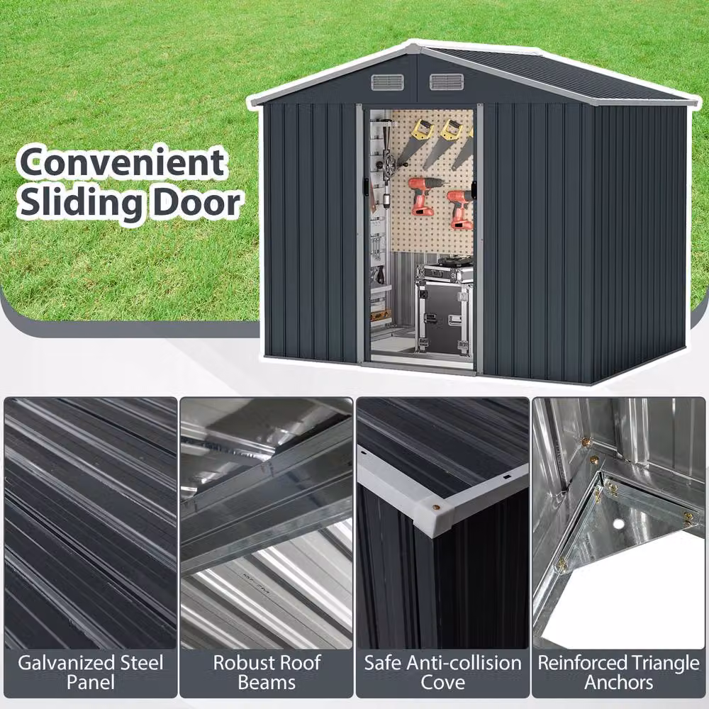 Gymax Large Outdoor Storage Shed and Utility Tool House with Sloping Top, Grey, W/D/H: 226 x 162 x 196 cm – 7