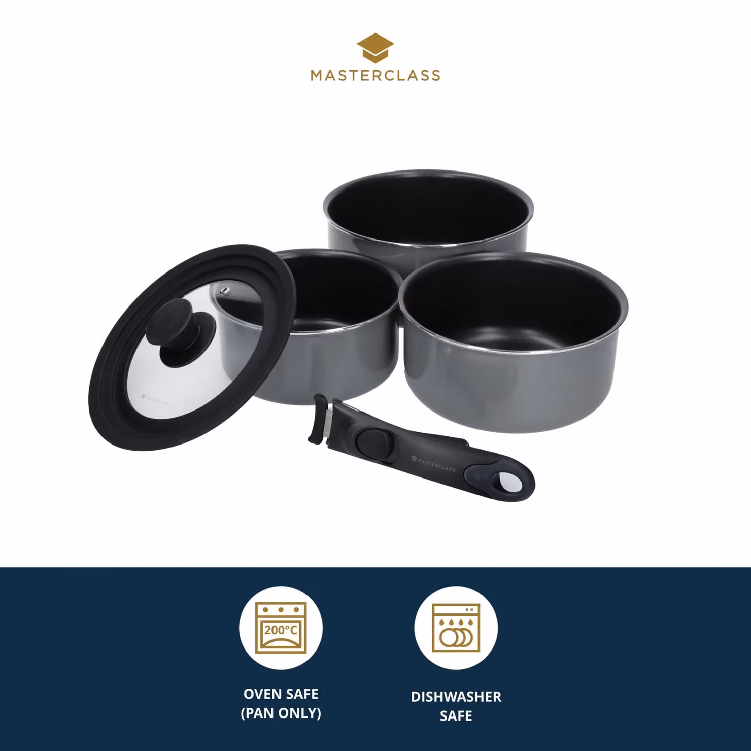 MasterClass Smart Space Set of Three Stacking Induction-Safe Non-Stick Aluminium Pans in Grey or Black – 6