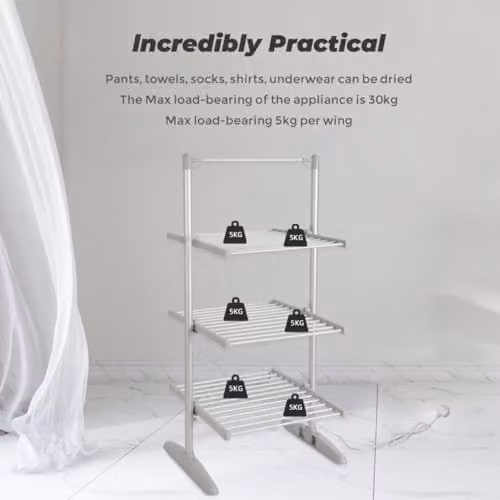 AMOS 3-Tier Electric Heated Clothes Airer with Cover and Digital Thermostat, 300W Foldable Aluminium Indoor Laundry Rack, Silver – 2