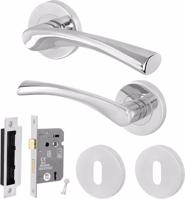 AFIT Polished Chrome Lock Door Handle Rose Set, 1 Pair, Silver, W/D/H: 15.0 x 15.2 x 15.0 cm