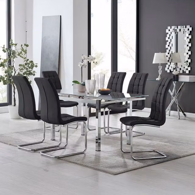 Furniturebox Enna White Glass Extending Dining Table and 6 Murano Chairs in Black