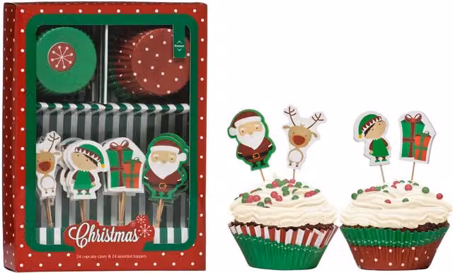Orsina Christmas Cupcake Cases and Toppers Set in Red, Green and Multicolour
