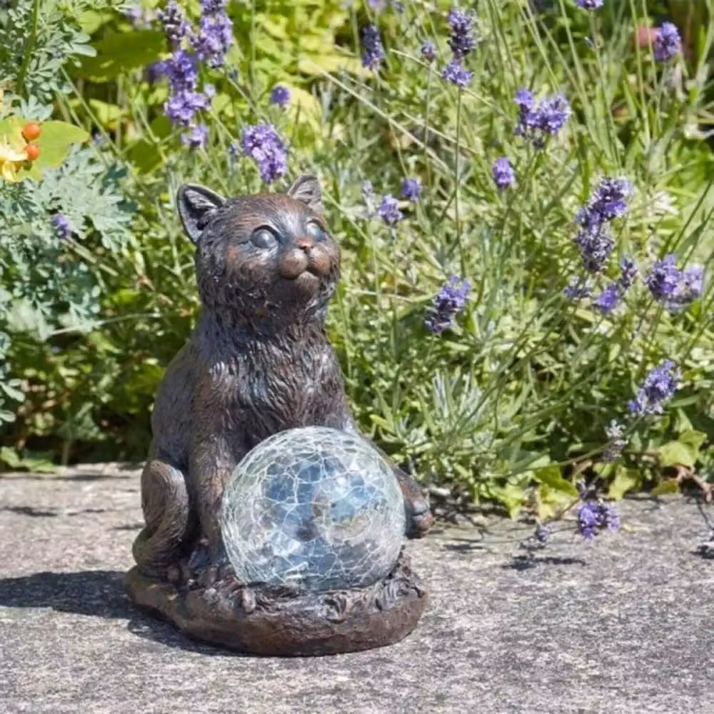 Marco Paul Grey Resin Cat Solar Powered Garden Ornament with Crystal Ball LED Light – 2