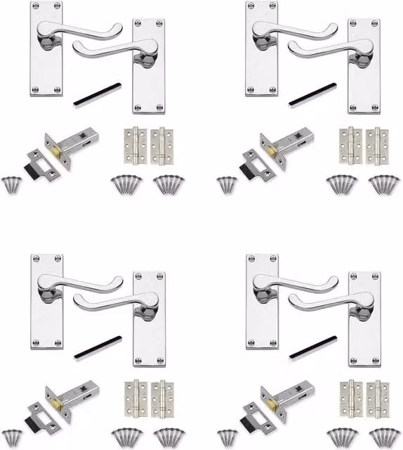Golden Grace Chrome Victorian Scroll Latch Door Handles, Latches and Hinges Set