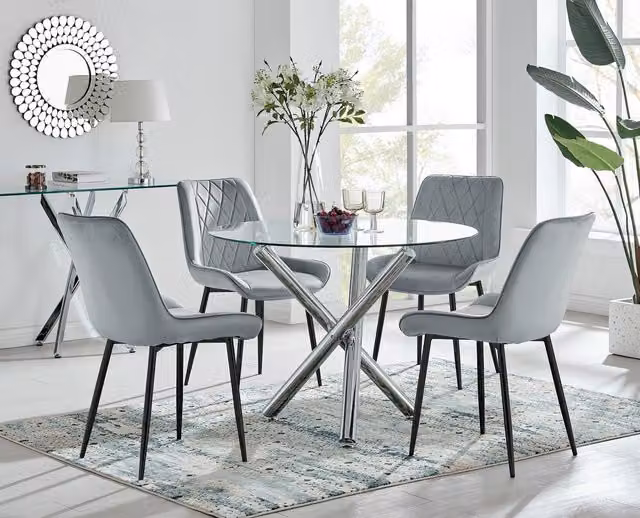 FurnitureboxUK Selina Round Glass Dining Table with Chrome Leg and 4 Pesaro Grey Upholstered Chairs with Black Legs