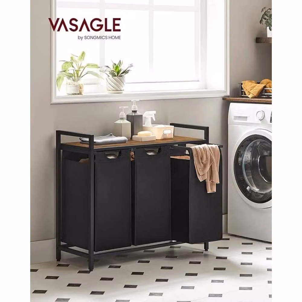 PAWNORA 3 Compartment Laundry Hamper Basket with Shelves and Removable Bags, Black, H 92.5 x W 42.1 x D 30 cm – 4