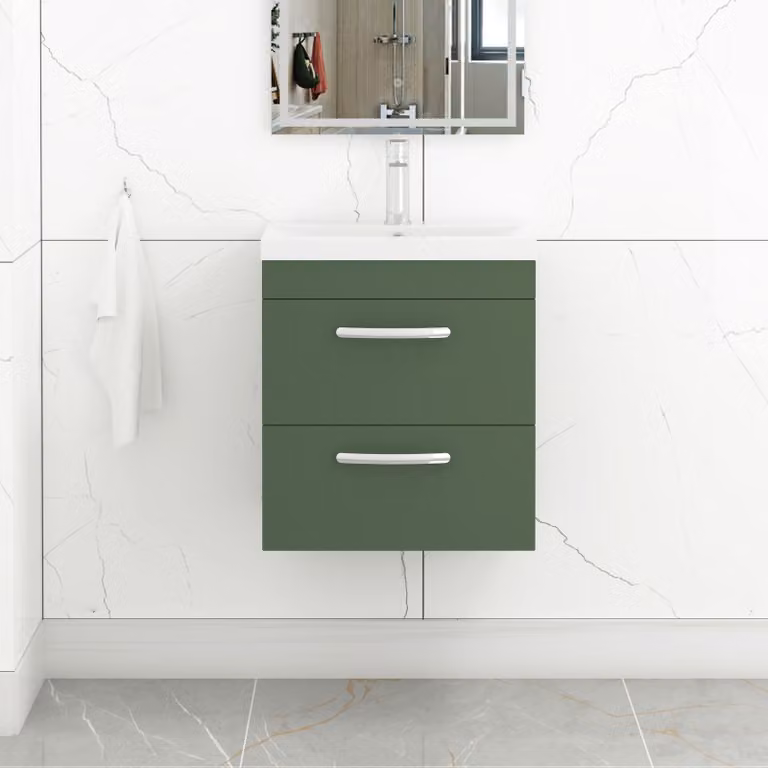 Royal Bathrooms Turin 500mm Wall Hung Vanity Unit with Mid-Edge Basin in Matt Green