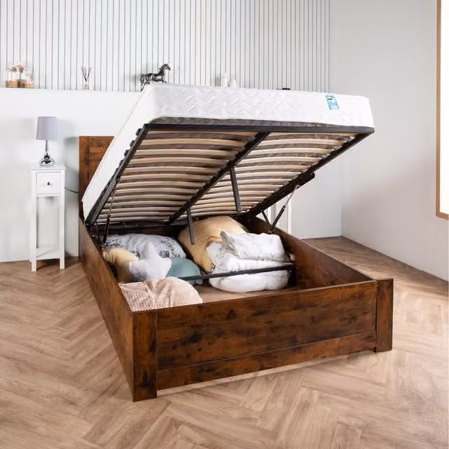 Home Treats Oak Grain Wooden Ottoman Bed Frame with Hybrid Mattress, Brown, W/D/H: 140 x 200 cm