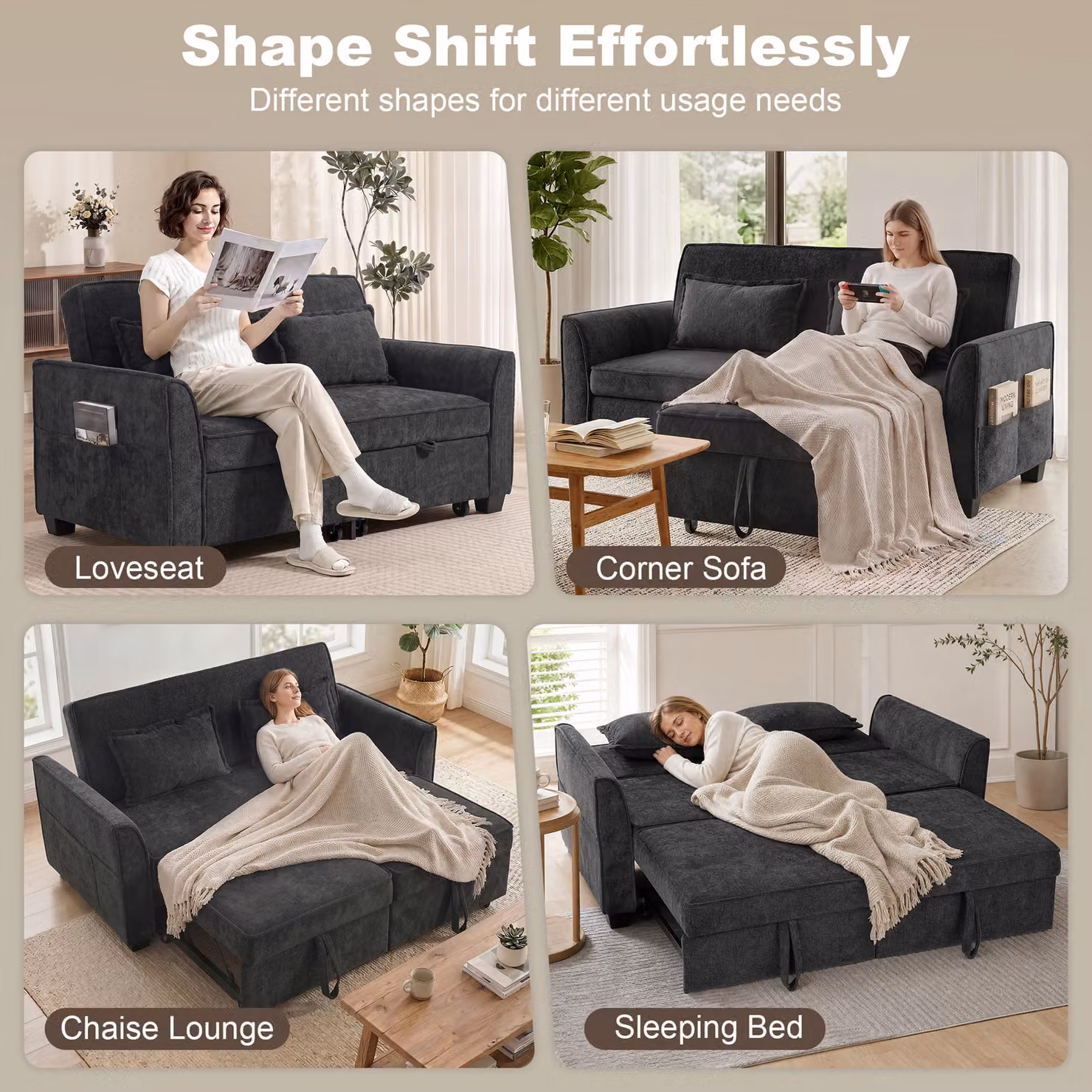 HOMCOM 2 Seater L-Shaped Convertible Sofa Bed in Black with Adjustable Backrest and Side Pockets – 4