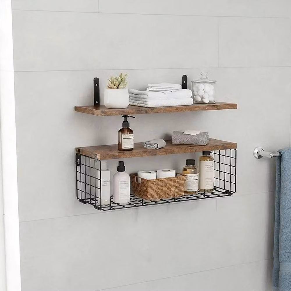 Kelvenix Brown Industrial Wall Mounted Floating Storage Shelves with 2 Shelves and 1 Basket – 3