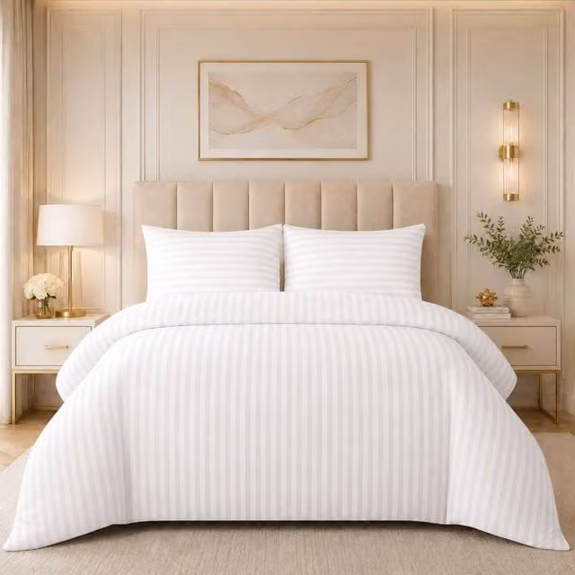 Grace Embossed Satin Stripe Microfibre Duvet Cover Set in White, W: 140 cm x L: 200 cm