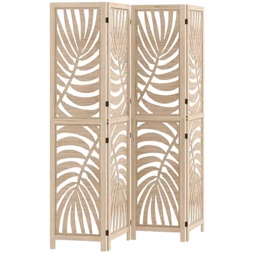 HOMCOM 4 Panel Floral Room Divider in Brown and Beige with Natural Wood Finish