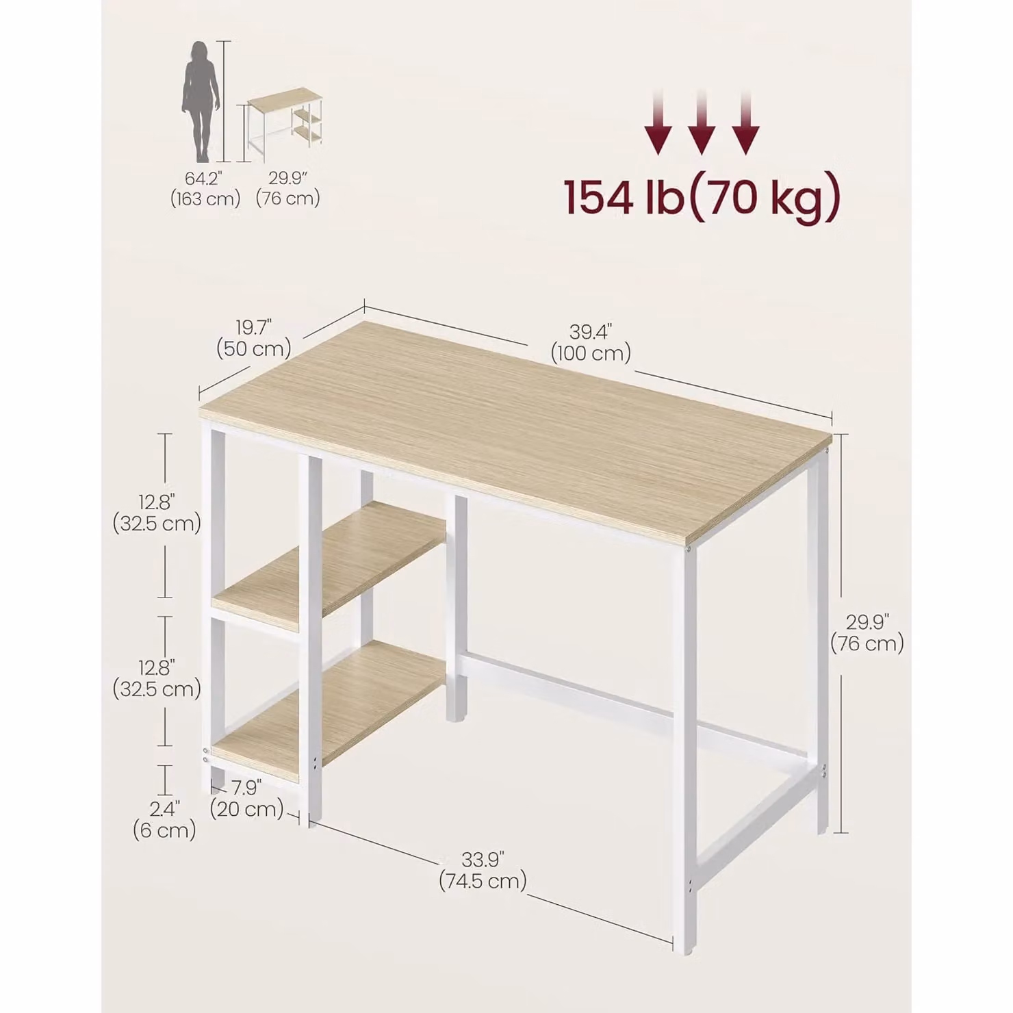 VASAGLE Industrial Computer Desk in White and Natural Wood for Home Office or Bedroom, W: 100.0 cm, D: 50.0 cm, H: 76.0 cm – 2