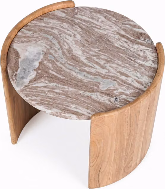 Elm Home And Garden Modern Mango Wood and Marble Side Table in Brown, W/D/H: 46.0 x 38.0 x 42.0 cm