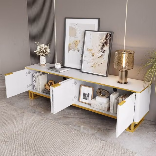 BTM Modern Geometric TV Cabinet and Lowboard Storage Unit in White and Gold – 1