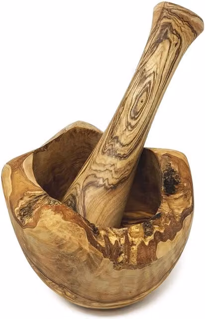 Verano Spanish Ceramics Brown Olive Wood Round Mortar and Pestle Set, Diameter: 14 cm