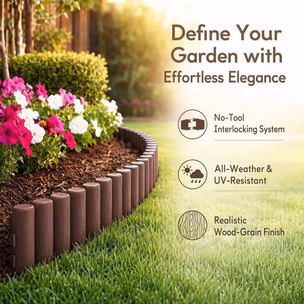 EONLION 16-Piece Brown Plastic Palisade Garden Edging Border – 3