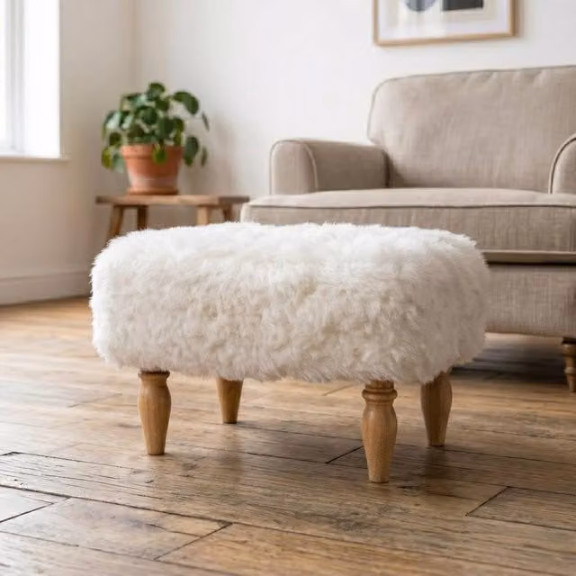 Simply Sheepskin Ivory White Lambskin Shearling Footstool with Wooden Legs, W/D/H: 55 x 45 x 35 cm