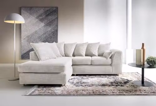 Abakus Direct Left Hand L-Shaped Corner Sofa in White Jumbo Cord, W: 212 cm, D: 164 cm, H: 78 cm