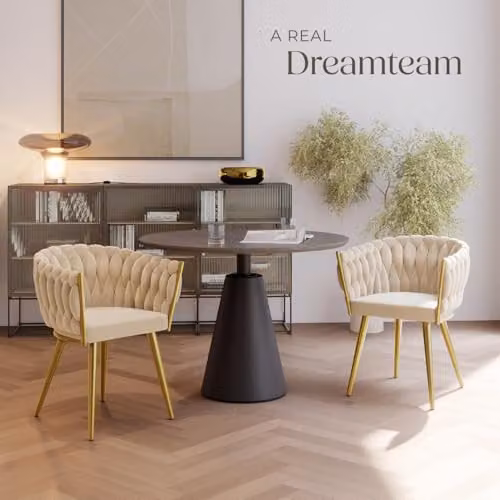 tectake Astano Set of 2 Velvet Dining Chairs with Knot Design in Sand and Gold – 2