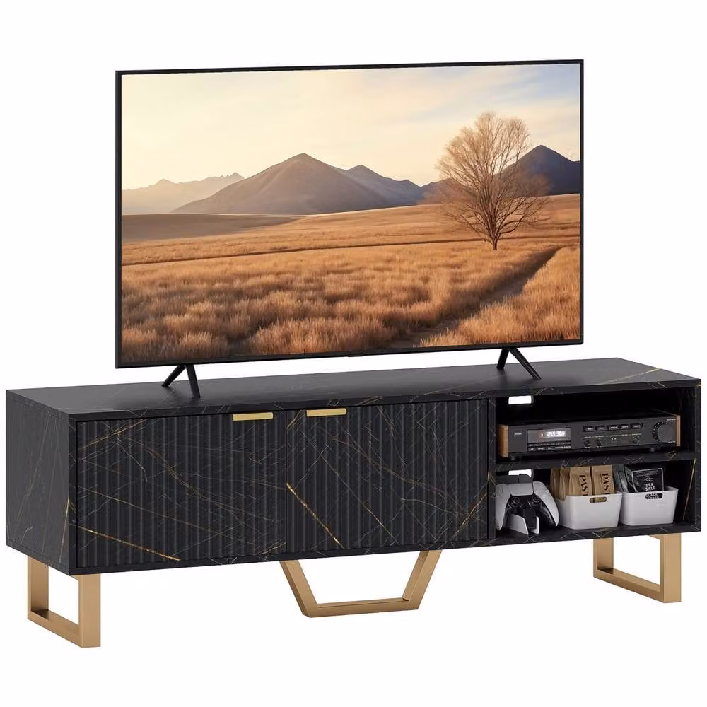 Wyld Haus Baseva Black Marble Effect TV Unit with Fluted Doors and Gold Accents, Width: 140 cm – 2