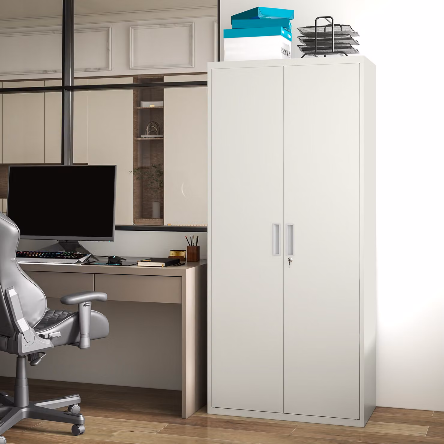 HOMCOM Metal Office Filing Cabinet with 5 Adjustable Shelves and Lockable Hinged Doors, White – 4