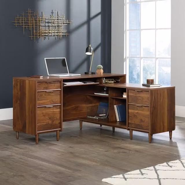 Teknik Clifton Place L-Shaped Corner Desk in Brown with Grommet, W/D/H: 150.0 x 126.0 x 76.7 cm