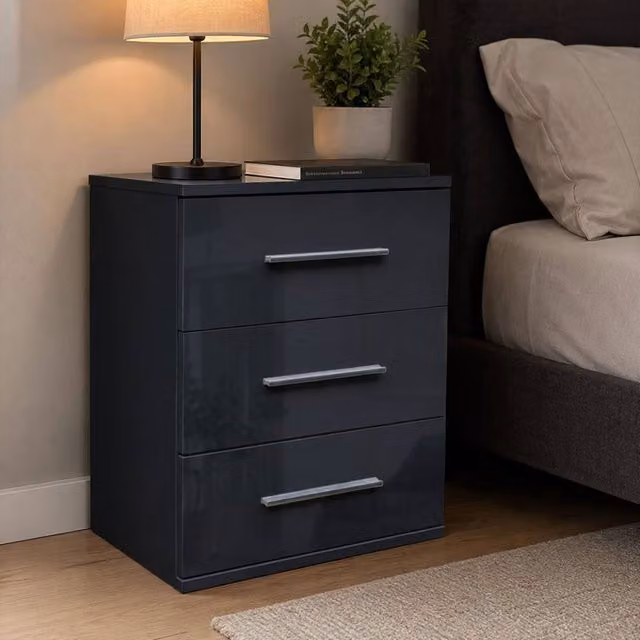 KDMD Windsor 3 Drawer Bedside Cabinet in Gloss Black