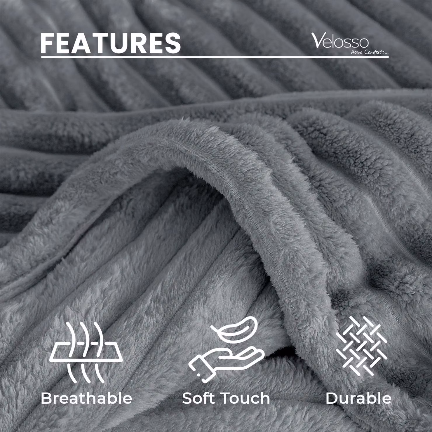 Velosso Super Soft Chunky Cord Blanket Throw in Silver Grey, W: 200 cm, D: 240 cm – 3