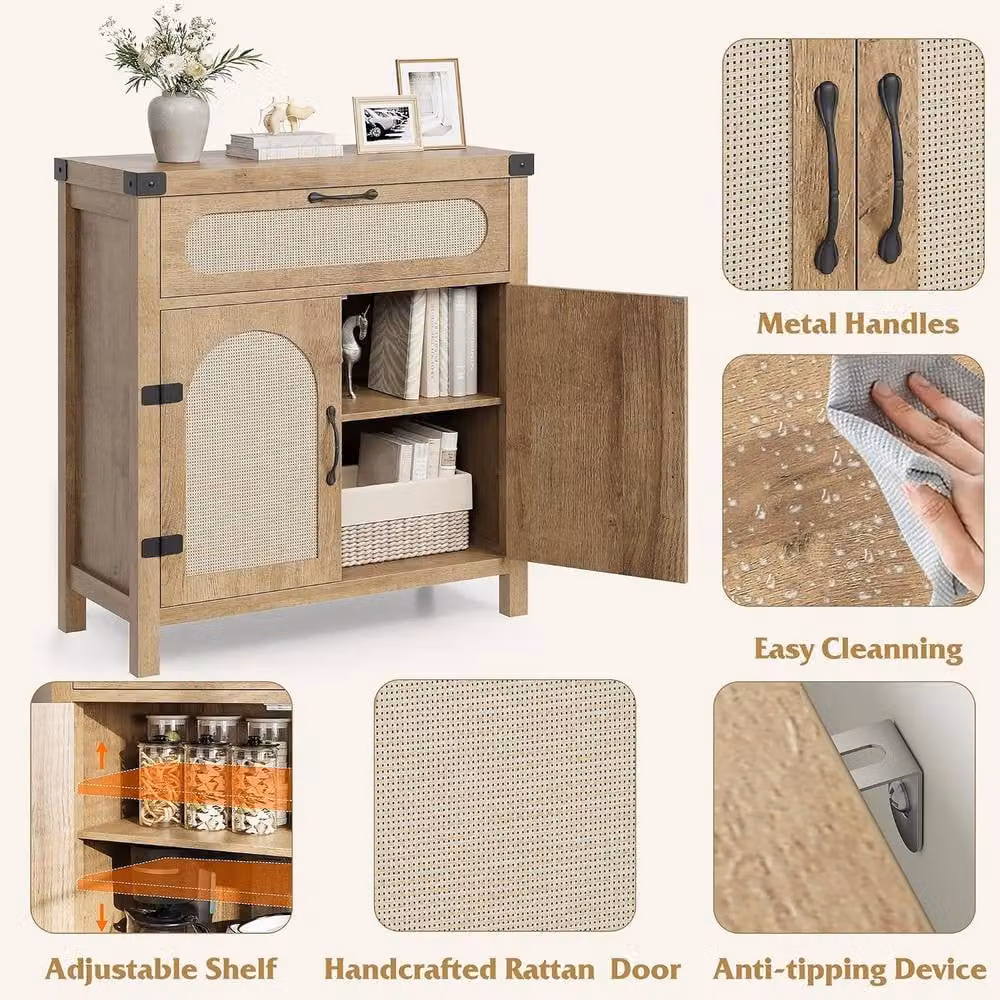 London Boutique Boho Sideboard Storage Cabinet and Buffet Bar in Beige with Rattan and Wood Details – 5