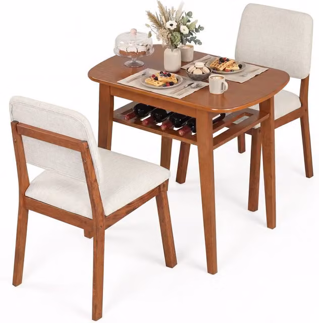 Gymax 3-Piece Solid Rubberwood Dining Table and Chairs Set in Beige