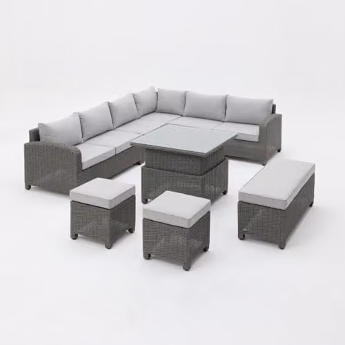 Home Detail Grey L-Shaped Rattan Garden Furniture Set with 6 Seater Sofa, Ottoman and Coffee Table
