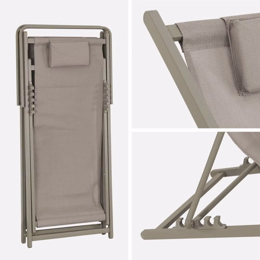 sweeek Set of 2 Multi-position Folding Steel Deck Chairs with Cushions in Khaki – 3