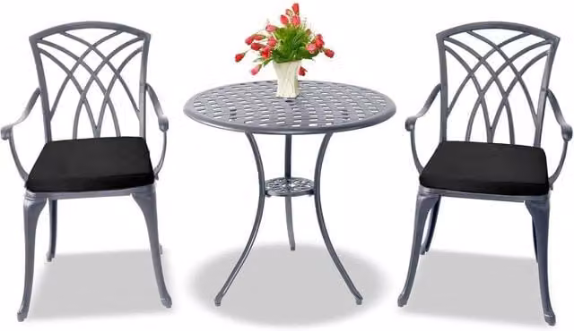 Centurion Supports OSHOWA Cast Aluminium Garden Bistro Set with Table and 2 Armchairs in Grey with Black Cushions