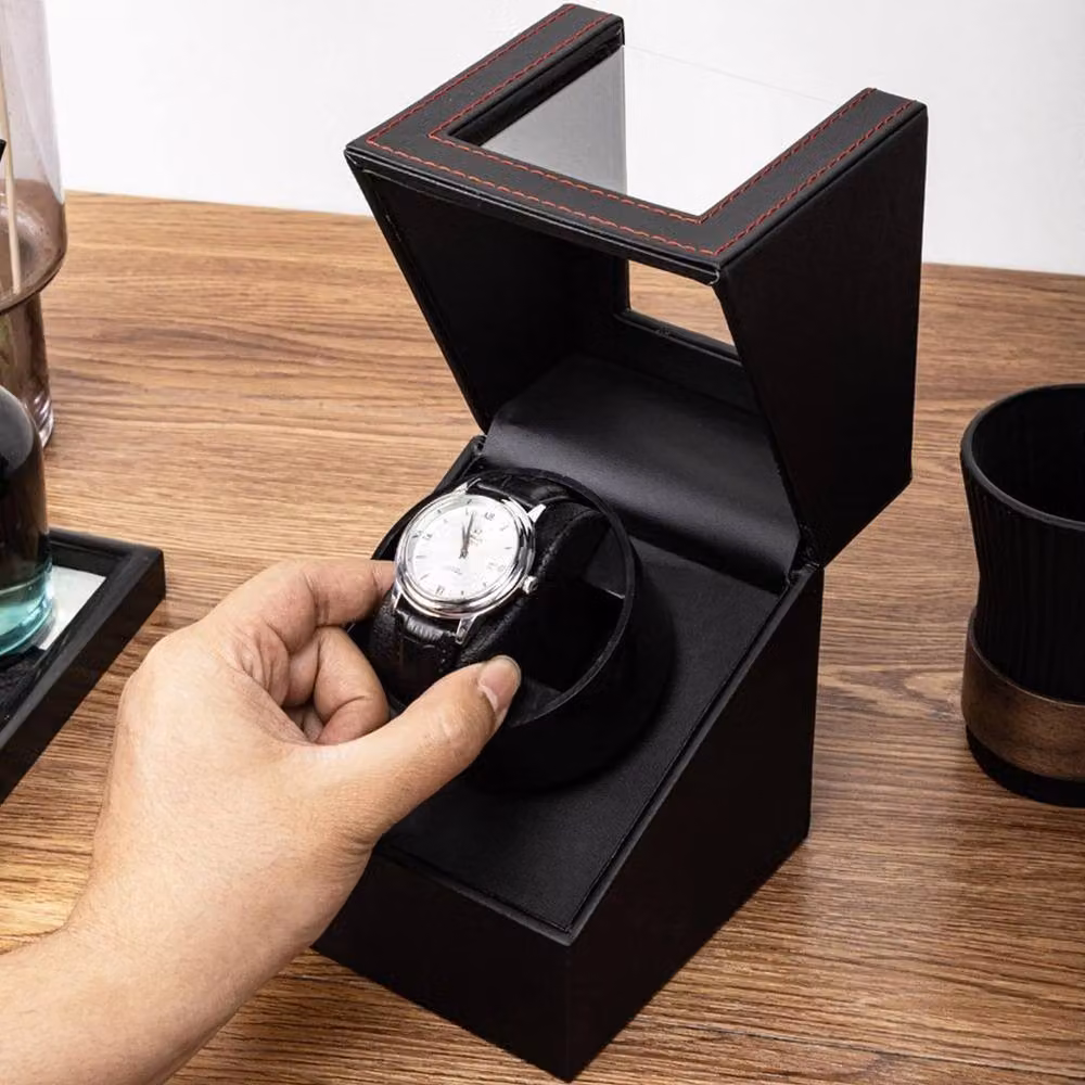 FLAVORA Automatic Single Watch Winder Box in Black, W/D/H: 16.0 x 12.0 x 12.0 cm – 4