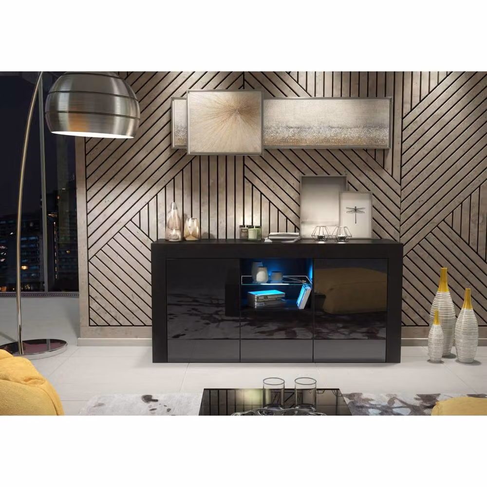 Mex Furniture LTD Aurora Sideboard in Black with Glossy Doors and Integrated LED Lighting, W: 145 cm, H: 70 cm, D: 35 cm – 4