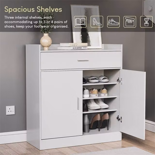 FORGEVIO White Modern Shoe Rack with 2 Doors and 1 Drawer