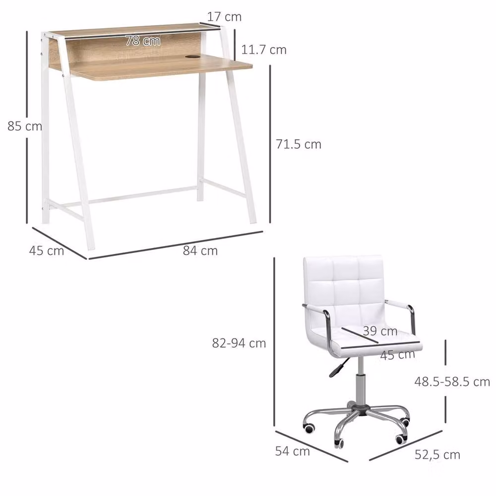 FORGEVIO Minimalist Office Desk and Swivel Chair Set with Shelf in White and Multicolour – 2