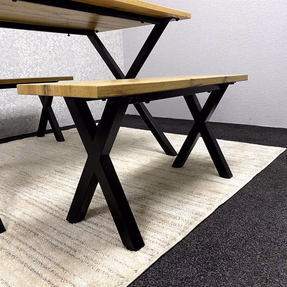KOSY KOALA Modern Rectangular Dining Table and 2 Benches Set in Brown and Grey with X-Frame Metal Legs – 6
