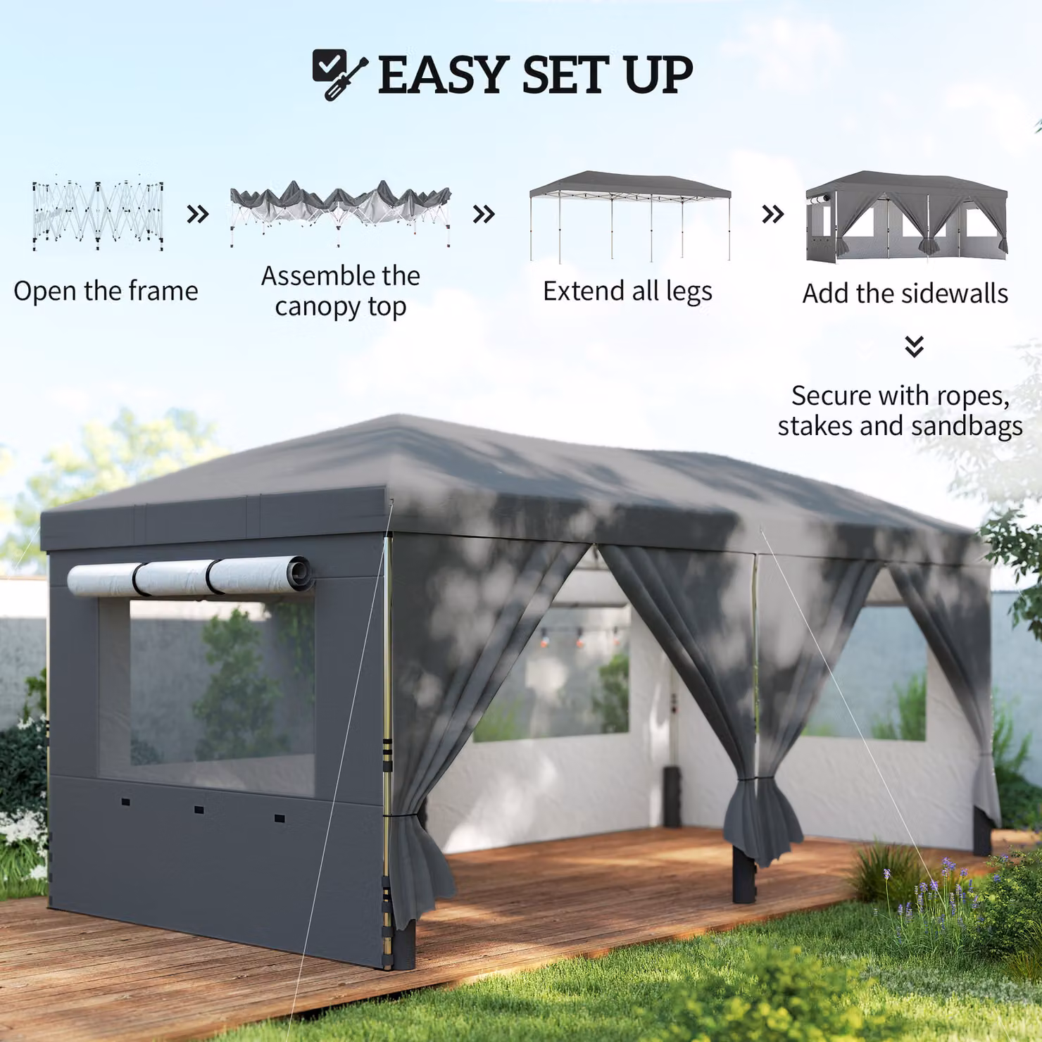 Outsunny Pop Up Garden Gazebo Canopy with 6 Sidewalls and UV50+ Protection, Dark Grey, W: 6 m, D: 3 m – 6