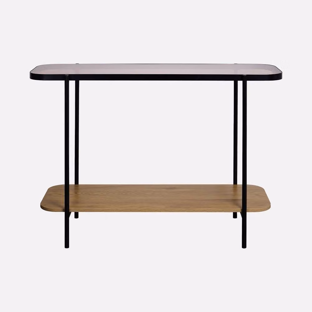 Sweekeek Vintage Console Table with Black Metal Frame and Light Brown Wood Effect Glass Top, W: 110 cm, D: 39 cm, H: 76 cm – 2