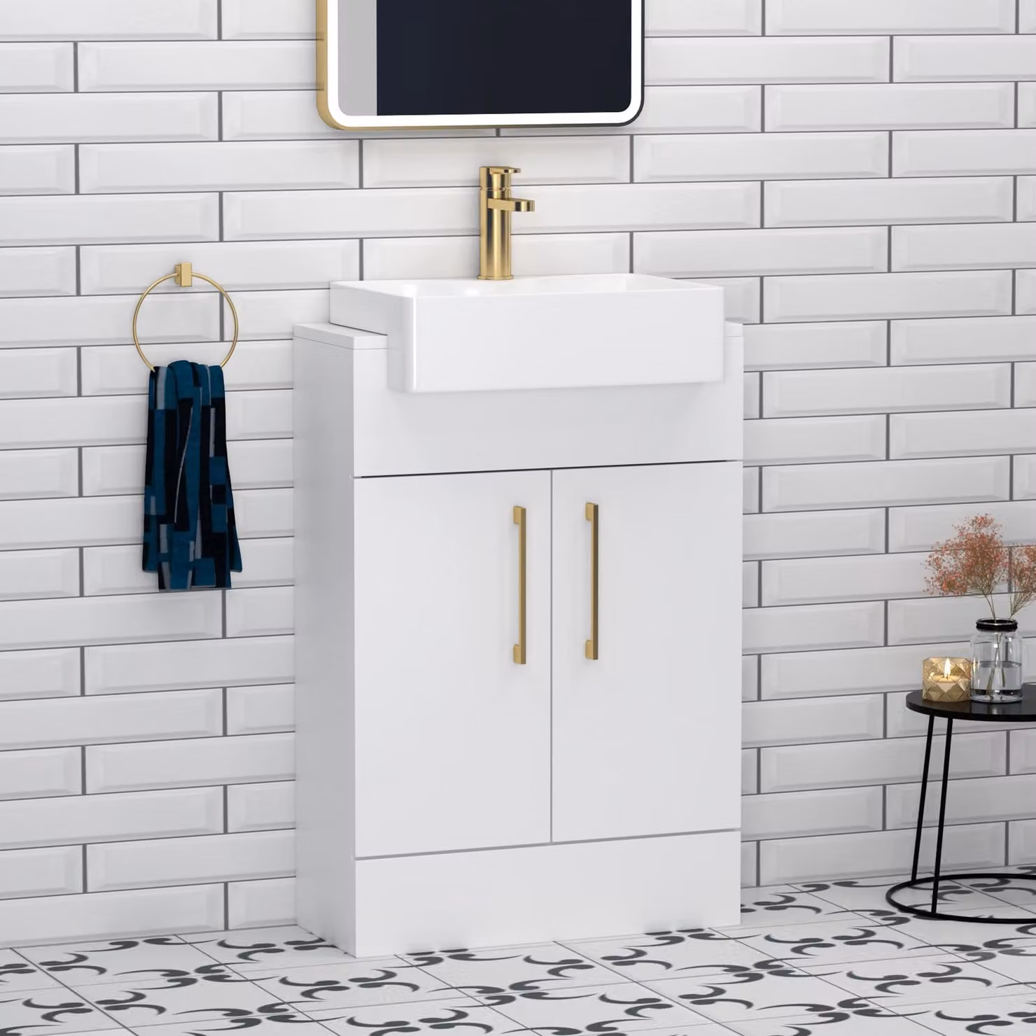 Royal Bathrooms Elena 600mm Gloss White Floor Standing Vanity Unit with 2 Doors, Brushed Brass Handles and Semi Recessed Basin