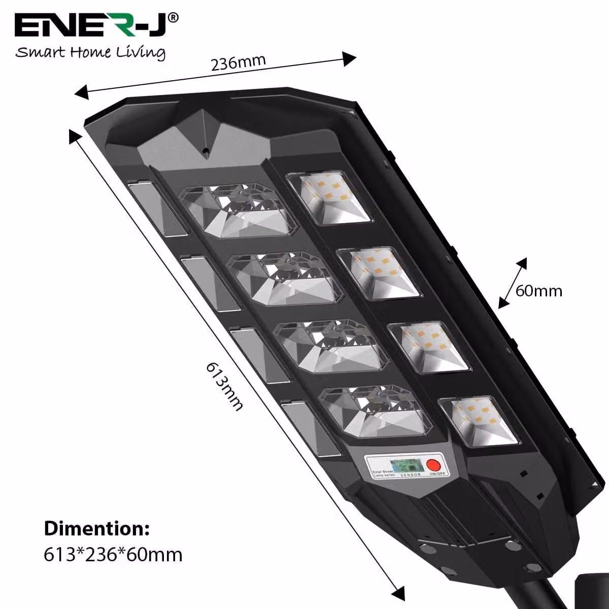 ENER-J 150W Solar Streetlight with 6V 15W Solar Panel, 18000 mAh Battery and Remote Control, 6500K Cool White, White – 5