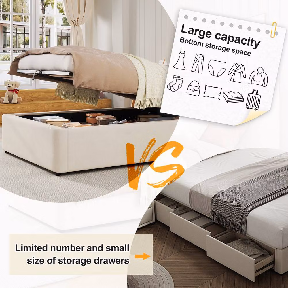 ModernLuxe Single Upholstered Kids Ottoman Bed with Headboard in Beige Velvet Fabric – 2