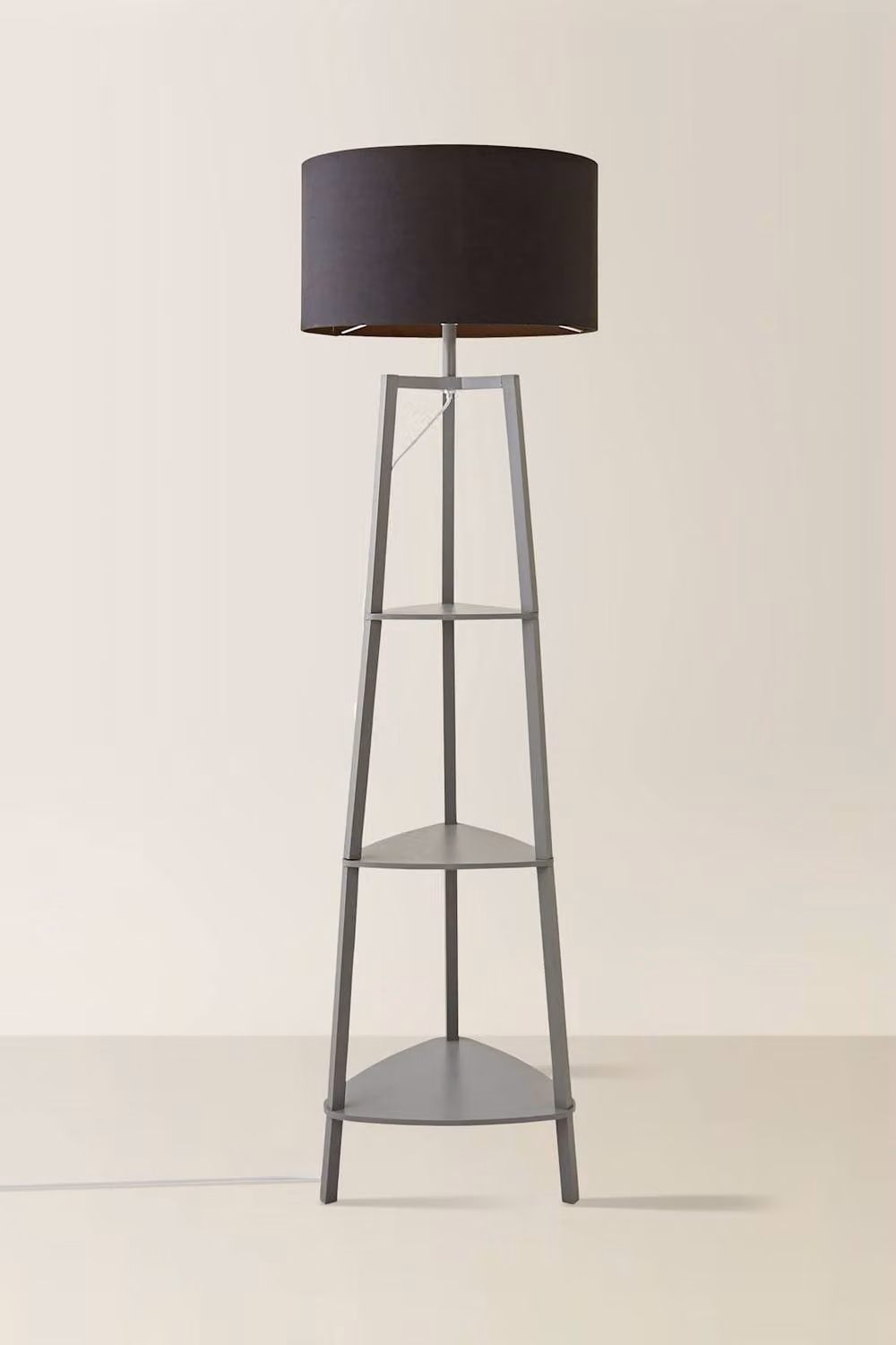 ValueLights Hiru 3 Tier Wooden Floor Lamp with Grey Shelves and Black Fabric Cylinder Shade – 2
