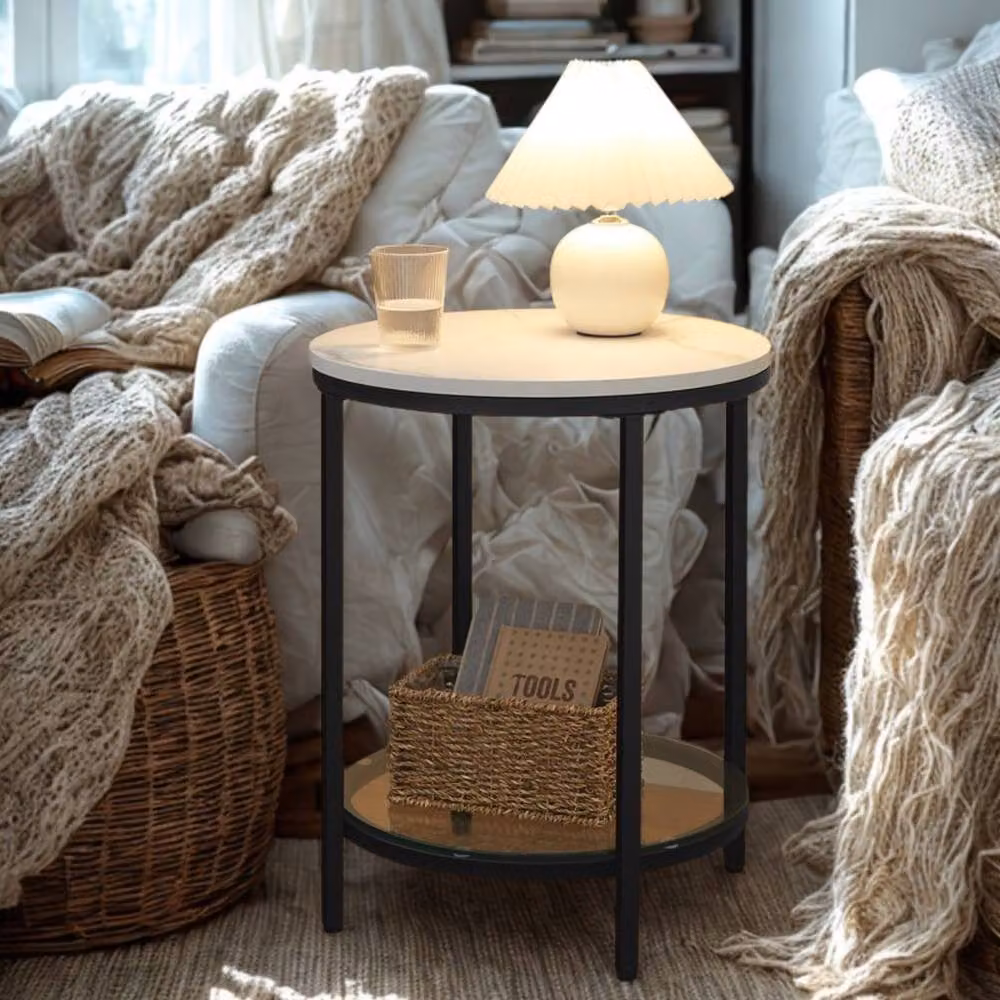 Pirlo Plush 2 Tier Round Faux Marble Accent Coffee Side Table in White, W/D/H: 45 x 45 x 55 cm – 6