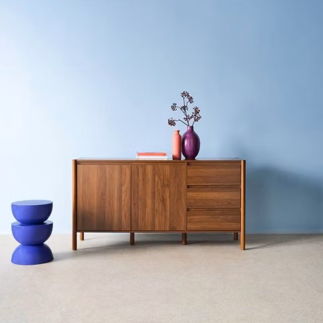 Sweekeek Modern Wood Decor Sideboard with 2 Doors and 3 Drawers in Dark Brown, W: 150 cm