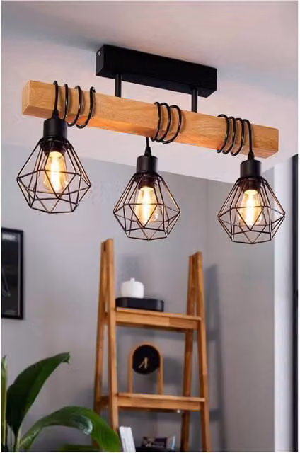 Loops Modern Triple Pendant Light in Black and Brown with Wood and Metal Details, Diameter: 55 cm