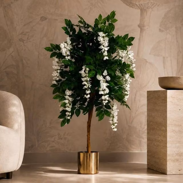 Leaf 130cm Artificial Wisteria Tree with White Flowers and Gold Planter in Green