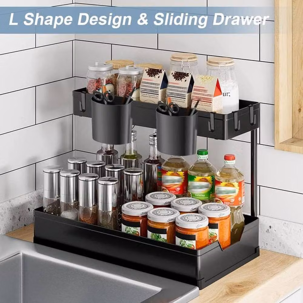 KORVIXA Black 2 Tier Under Sink Storage Organiser Shelf and Spice Rack – 3